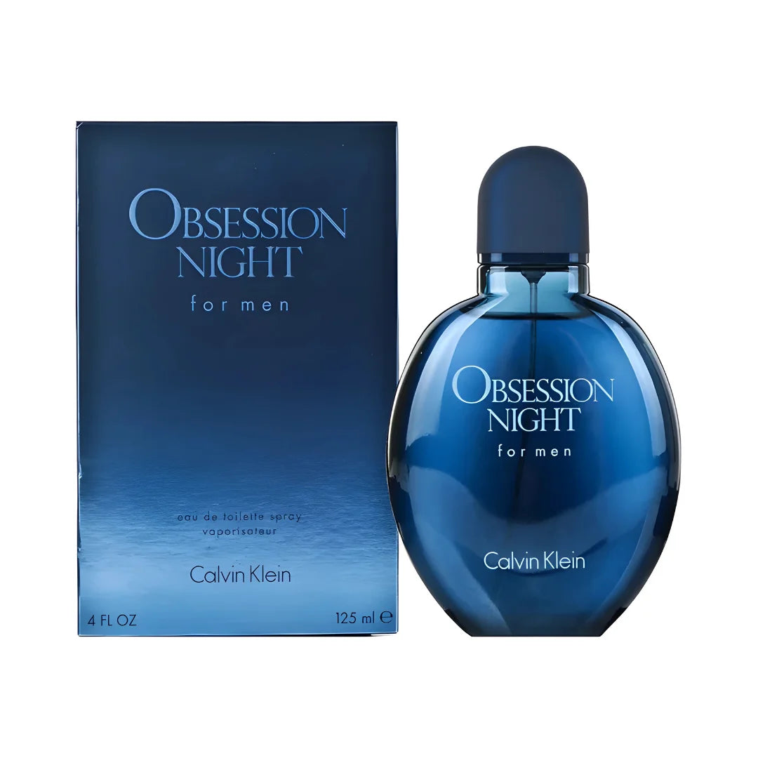 Calvin Klein Obsession Night perfume bottle and packaging on a white background