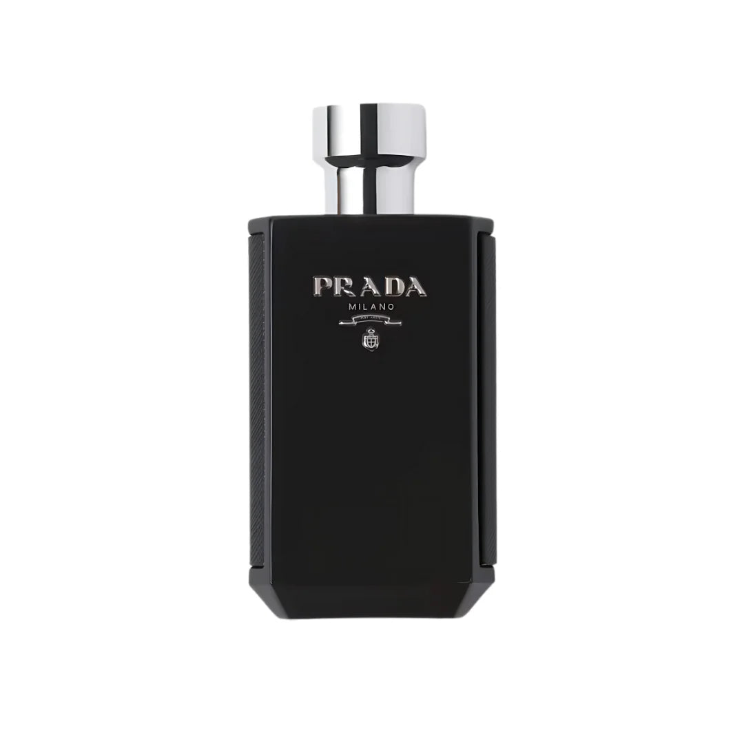 Black Prada Milano perfume bottle on a white background