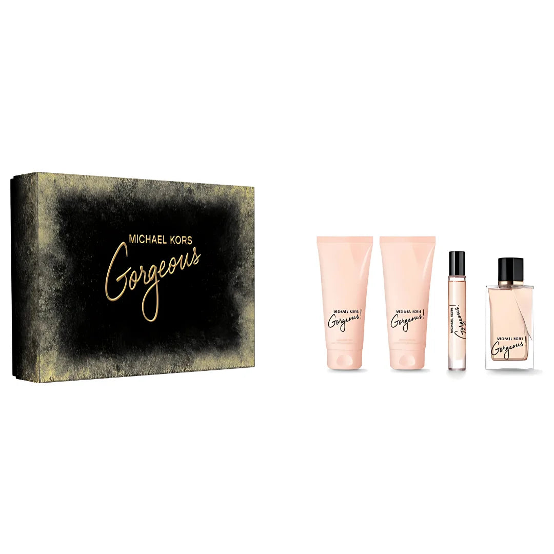 Michael Kors Gorgeous perfume set with a black and gold box on a white background
