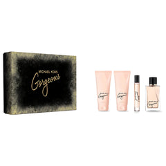 Michael Kors Gorgeous perfume set with a black and gold box on a white background