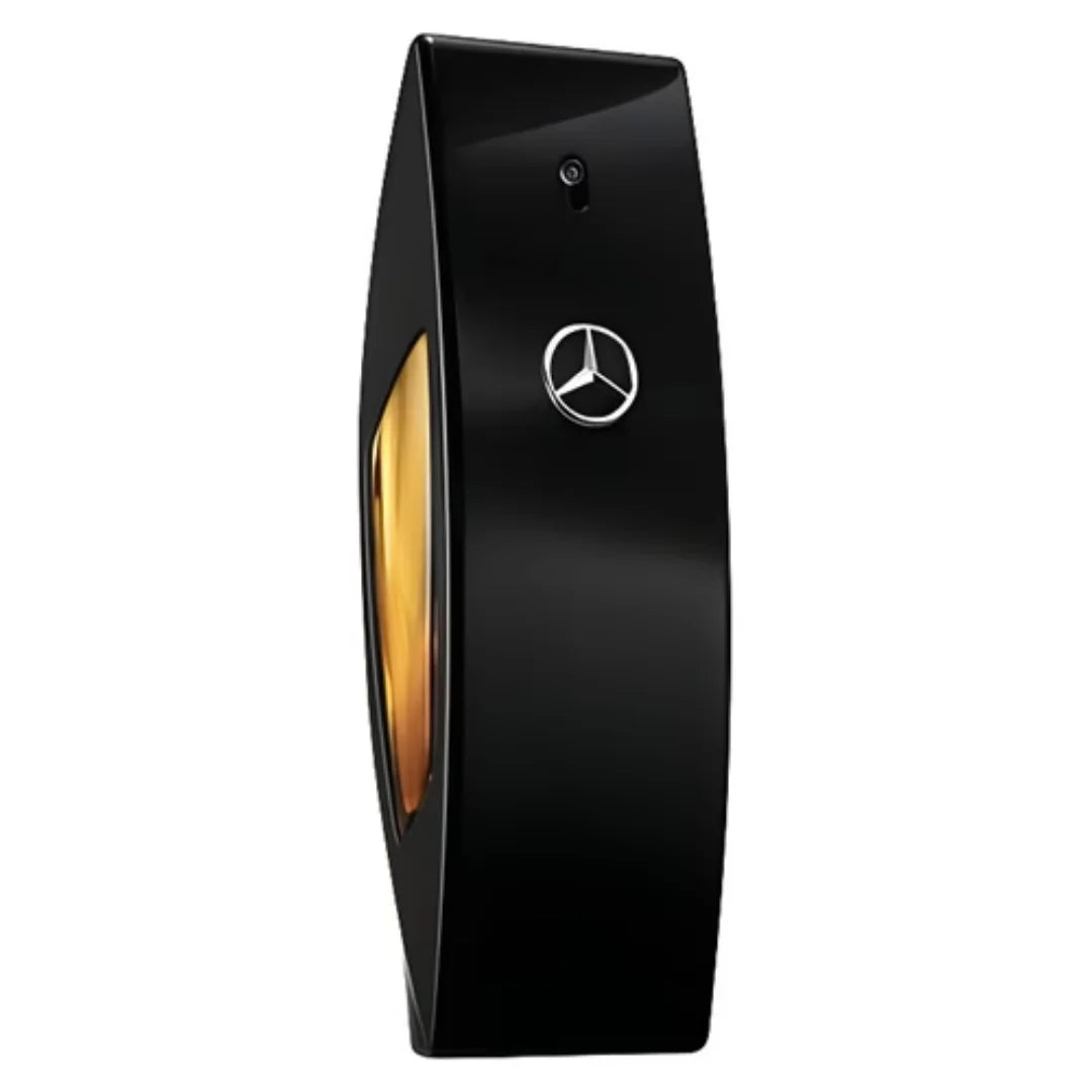 Black Mercedes-Benz perfume bottle with gold accent on a white background