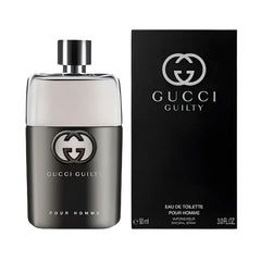 Gucci Guilty Pour Homme perfume bottle and packaging on a white background