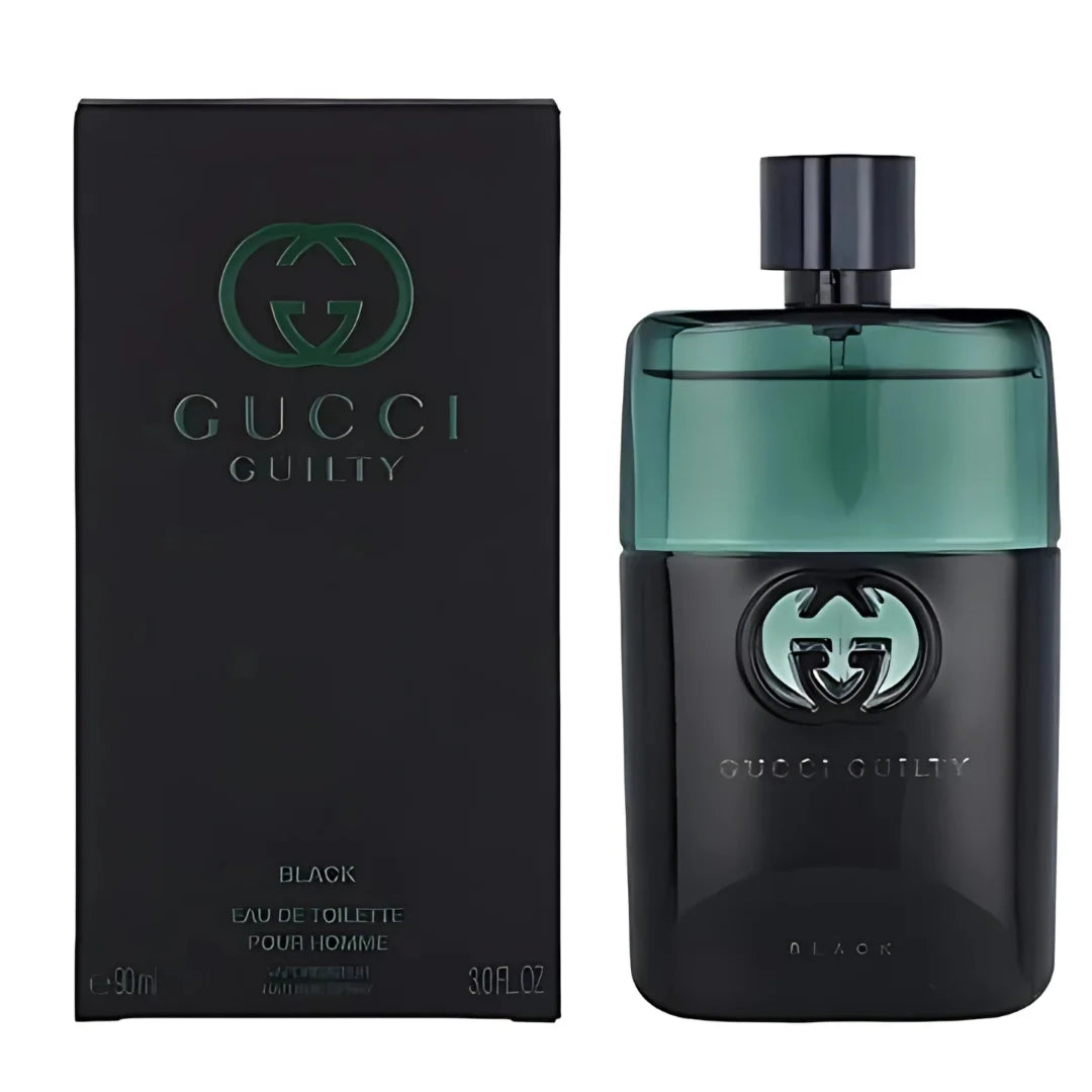 Gucci Guilty Black perfume bottle and packaging on a white background