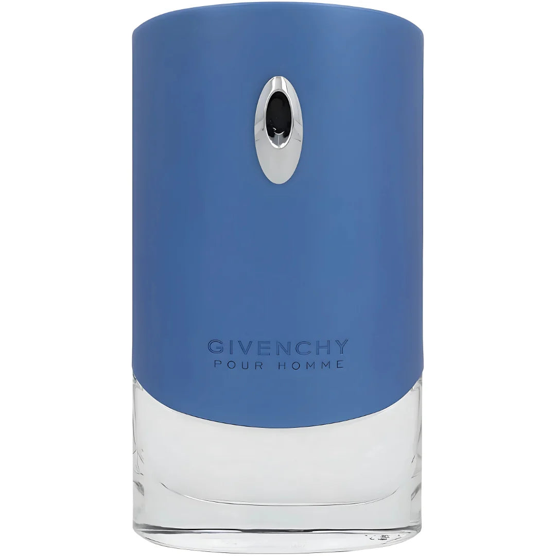 Blue and clear Givenchy pour Homme perfume bottle on a white background