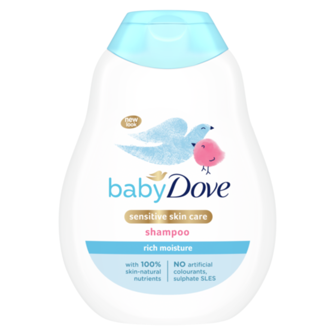 Baby Dove shampoo bottle with blue cap on a white background
