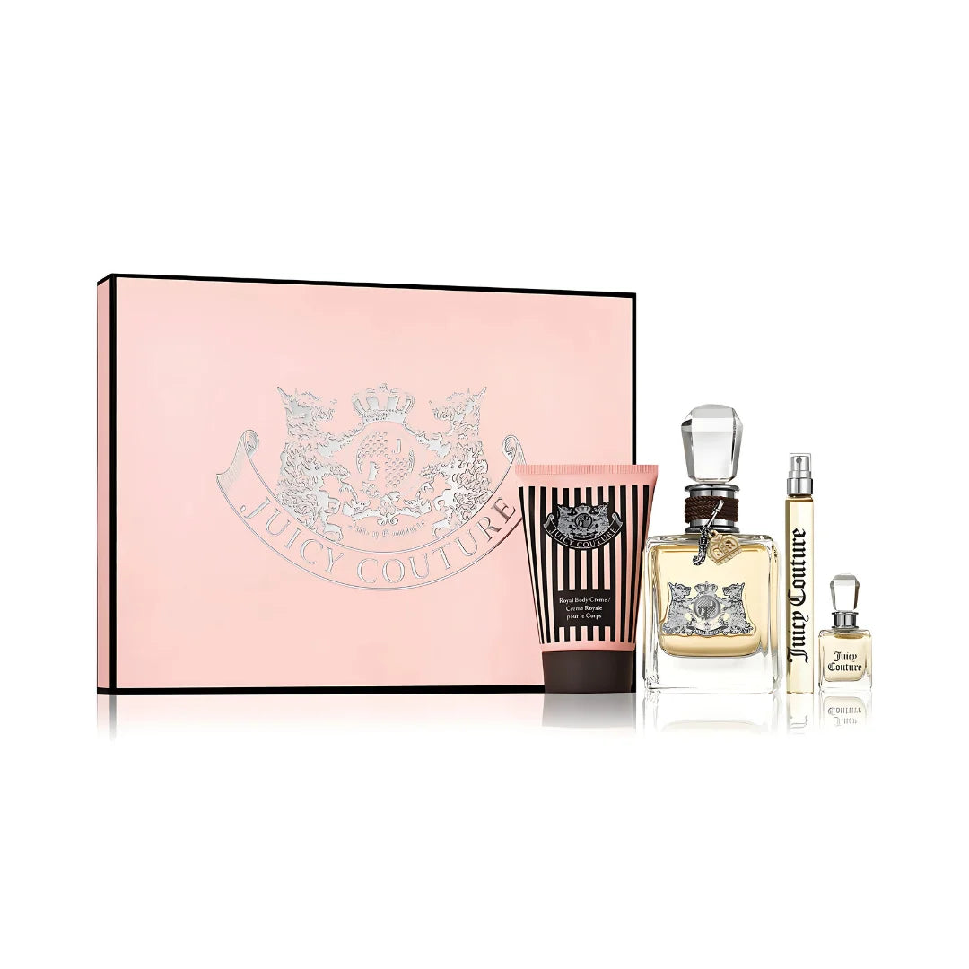 Juicy Couture perfume set with a pink gift box on a white background