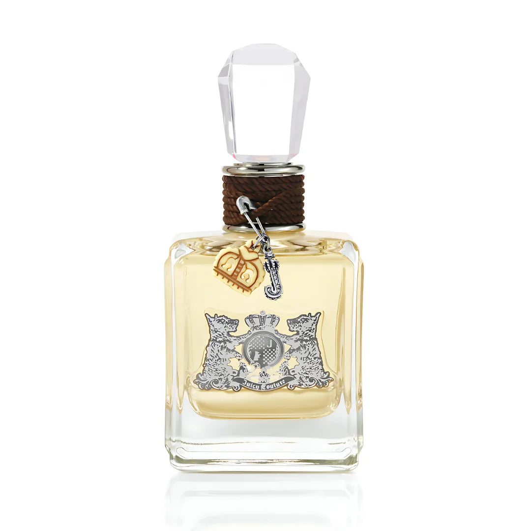 Perfume bottle with decorative label on a white background