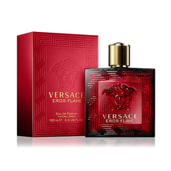 Versace Eros Flame perfume bottle and packaging on a white background