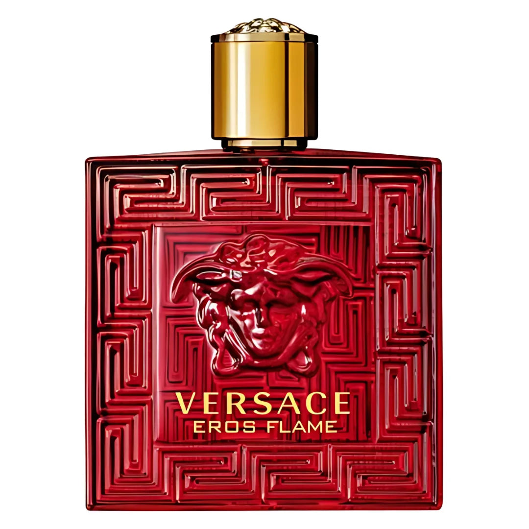 Versace Eros Flame perfume bottle with red design and gold cap on a white background