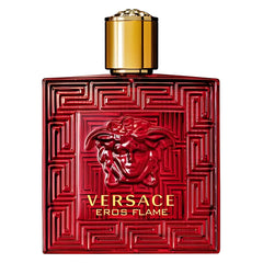 Versace Eros Flame perfume bottle with red design and gold cap on a white background
